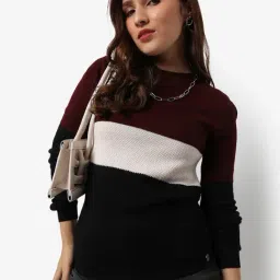 Campus Sutra Maroon & Black Color-Block Sweater-26