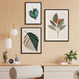 999Store Green & Grey Canvas Leaves Modern Art Wall Painting - Set of 3-6
