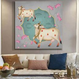 999Store Blue & Grey Canvas Ornamental Cow And Lotus Flower Art-40