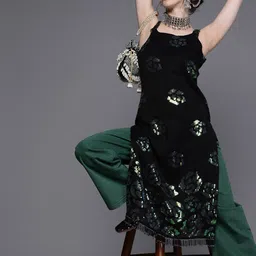 Inddus Women Black Striped Georgette Kurta With Sequined Detail-picture-25