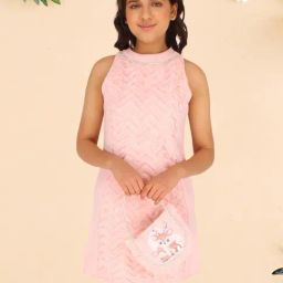 Cutecumber Kids Peach Self Pattern Dress-picture-16