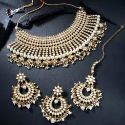 Peora Gold Plated White Kundan Pearls Necklace Chandbali Earring MaangTikka Set-image-33