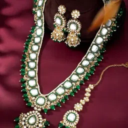 Peora Gold Plated Green Kundan Studded Long Necklace Earrings and Maangtikka Set-image-28