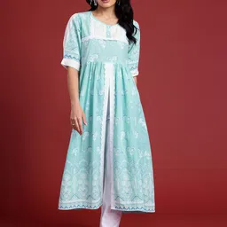 Anouk Women Floral Printed High Slit Pure Cotton Kurta with Trousers-image-9