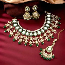 Peora Gold Plated Kundan Beads Studded Choker Necklace Jhumki Earrings & Maangtikka Set-image-47