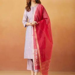 Pink Cotton Silk Blend Jamdani Dupatta-image-1