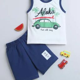 Bumzee Kids White & Navy Cotton Printed T-Shirt Set-image-68