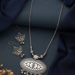 Aatmana Silver Toned & Silver-Plated Textured & Beaded Necklace Set-36