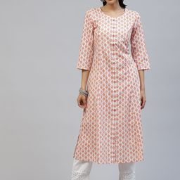 PIROH Women White & Pink Tribal Print Cotton A-line Kurta-image-5