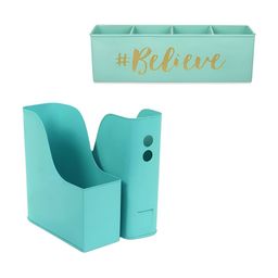 Living With Elan 3-Pcs Sea Green Office Study Table Motivational Quotes Magazine Holder-19