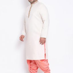 KISAH PLUS Men White & Peach-Coloured Solid Kurta with Dhoti Pants image 5