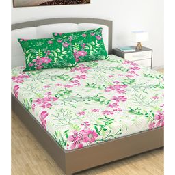 Divine Casa Floral Blend Cotton King Bedsheet with 2 Pillow Covers - Green & Pink-image-73