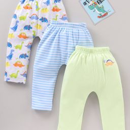 Babyhug Cotton Knit Full Length Striped & Dino Printed Diaper Pants Pack Of 3 - Multicolour-picture-9