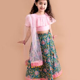 Pspeaches Cold Shoulder Half Sleeves Lurex Checked Choli With Seamless Jaipuri Floral Printed Pom Pom Detailed Lehenga & Dupatta - Pink-image-32