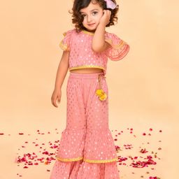 Saka Designs By Sapna Half Sleeves Ethnic Motif Foil Printed Coordinating Top & Sharara Set - Peach & Pink-image-49