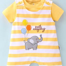Child World Cotton Interlock Knit Elephant Embroidered Dungaree Style Romper with Half Sleeves Inner Tee - Golden-image-24