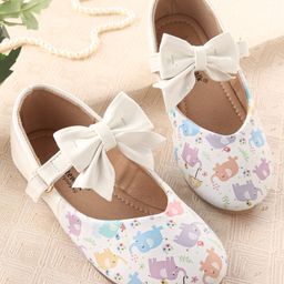 Cute Walk by Babyhug Belly Shoes with Elephant Print & Bow Applique - White-image-48