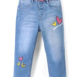 Babyhug Full Length Denim Jeans With Stretch Heart Print - Blue-image-49