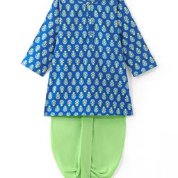Babyhug Cotton Full Sleeves Hand Block Printed Kurta & Dhoti Set - Indigo & Green-image-72
