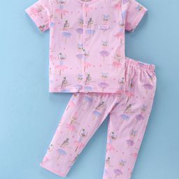 ToffyHouse  100% Cotton Knit Half Sleeves Front Open Night Suit with Doll Print - Pink-image-75