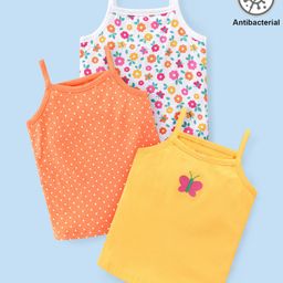 Babyhug 100% Cotton Single Jersey Knit Sleeveless Antibacterial Slips With Floral & Polka Dot Print Pack Of 3 - Orange White & Yellow-image-84