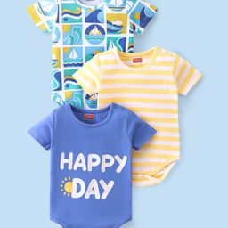 Babyhug 100% Cotton Half Sleeves Onesies With Text Print Pack of 3 - Green Yellow & Blue-image-47