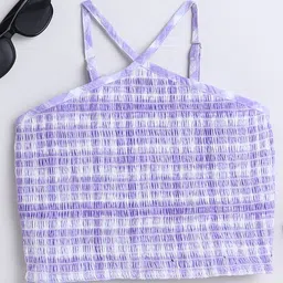 Taffykids Viscose Rayon Halter Neck Checked & Smocked Detailed Crop Top - White &  Lavender-picture-40