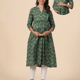 CRAFIQA Three Fourth Sleeves Floral Printed Maternity Kurta With Concealed Zipper Nursing Access - Green-image-42