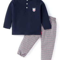 Ollypop Sinker Knit Full Sleeves T-Shirt & Lounge Pants Set With Front & Back Zebra Embroidery Detailing - Navy-image-76