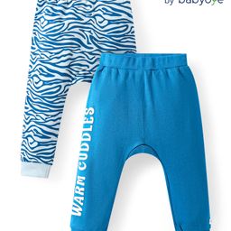 Babyoye 100% Cotton Knit Full Length Diaper Leggings with Animal Stripes & Text Print Pack of 2 - Light Blue-picture-49