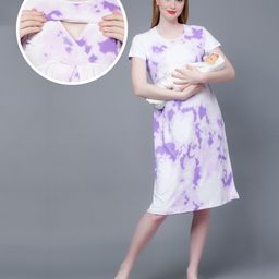 True Shape Half Sleeves Tie Dye Maternity Dress With Zipless Nursing Access - Purple-image-92