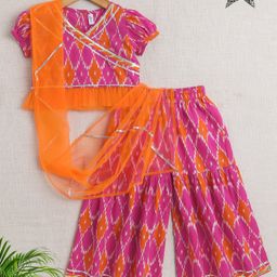 The Magic Wand Cotton Half Puffed Sleeves Abstract Printed & Lace Embellished Choli & Palazzo Set - Fuchsia Pink-image-55