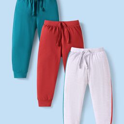 Babyhug Single Jersey Knit Full Length Taped Lounge Pants Pack of 3 - Dark Green Grey & Red-image-35