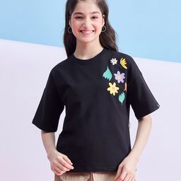 stylobug Stylo Bug Cotton Blend Half Sleeves Floral Printed Top - Black-picture-1