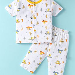 Child World Interlock Knit Half Sleeves Night Suit With Animal & Car Print - Gold-image-85