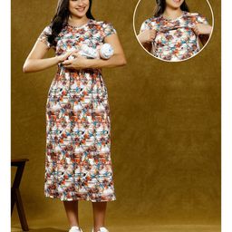 True Shape Embosis Hoisery Half Sleeves Floral Printed Maternity Dress With Nursing Access - Red-image-83