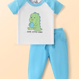 Doodle Poodle 100% Cotton Knit Half Raglan Sleeves Dino Printed T-Shirt & Lounge Pant Set - Light Blue-image-96