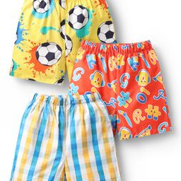 Babyhug Cotton Woven Above Knee Length Boxers With Checks & Football Print Pack Of 3 - Red Yellow & White-image-101