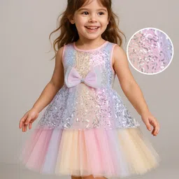 Babyhug Woven Sleeveless Sequinned Layered Dress With Bow Applique - Pink-picture-17