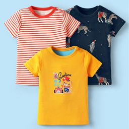 Kidi Wav Cotton Pack Of 3 Half Sleeves Striped & Vehicles Printed Tees - Multi Colour-image-98
