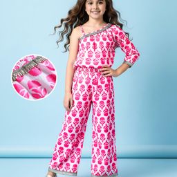 EARTHY TOUCH Cotton Woven Full Sleeves Indo Western Co-Ord Set with Floral Print - White & Pink-picture-23