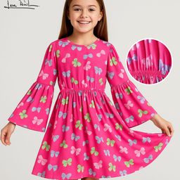 Arias Knit Full Bell Sleeves Frock With Bow Print - Pink-image-104