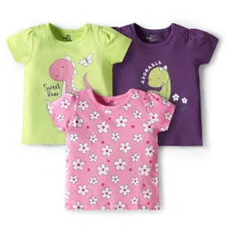 Doodle Poodle 100% Cotton Single Jersey Knit Half Sleeves T-Shirts with Dino & Floral Print Pack of 3 - Pansy Purple Pink Frosting & Wild Lime Green-picture-0