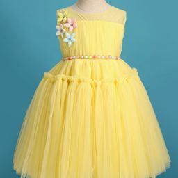 Bluebell Net Woven Sleeveless Solid Coloured Frock With Floral Corsage & Pearl Embellished Detailing - Yellow-image-89