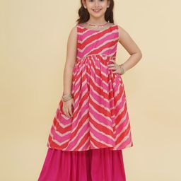 Bitiya By Bhama Blended Woven Sleeveless Leheriya Printed Lace & Sequins Embellished Kurta Sharara Set - Pink-image-28