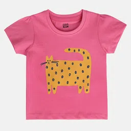 MINI KLUB Cotton Knit Half Sleeves Cat Printed Top - Pink-picture-0