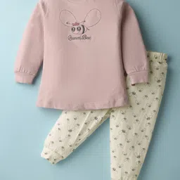Pink Rabbit Single Jersey Knit Full Sleeves Night Suit with Honeybee Print - Dark Peach-picture-0