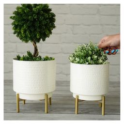 Behoma Hammered Metal Indoor Planter for Table Top and Floor, Set of 2, White Colour image 2
