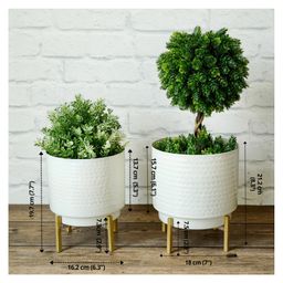 Behoma Hammered Metal Indoor Planter for Table Top and Floor, Set of 2, White Colour image 4