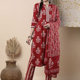 FASHOR Floral Printed Mandarin Collar Pure Cotton Straight Kurta & Trousers With Dupatta-picture-41